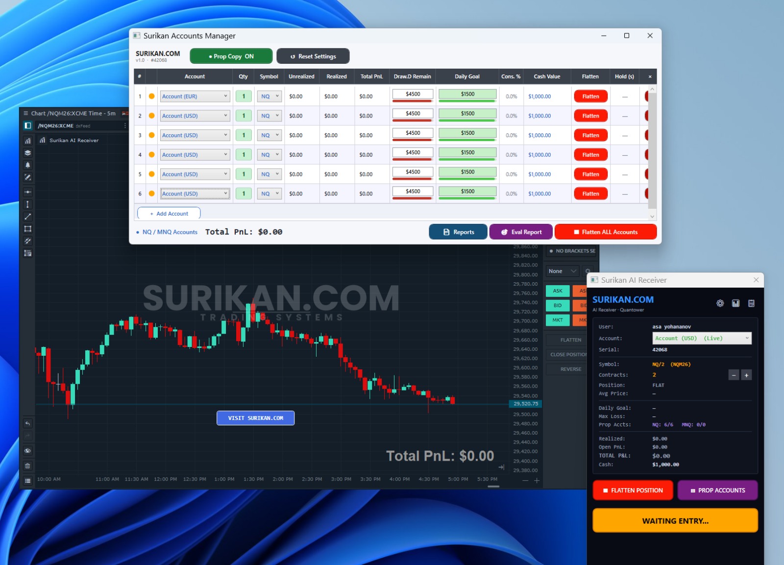 Surikan AI Receiver running inside Quantower alongside the Surikan Accounts Manager and live NQ chart